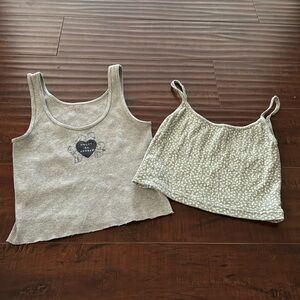 Two Brandy Melville Tank Tops, Gray with Babies, Green Floral Print, One Size